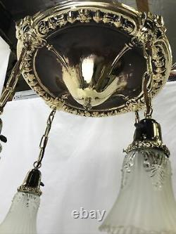 Antique Vtg Chandelier Arts Crafts Deco Victorian Hanging Pan Light Brass Glass