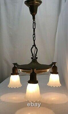 Antique Vtg Chandelier Arts Crafts Deco Victorian Hanging Pan Light Brass, Glass