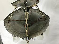 Antique Vtg Chandelier Arts Crafts Deco Victorian Hanging Pan Light Brass Glass