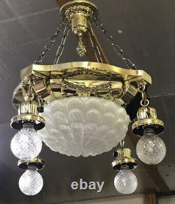 Antique Vtg Chandelier Victorian Art Deco Hanging 5 Light Ornate Brass & Glass