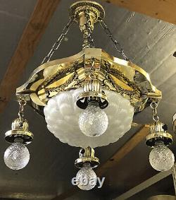 Antique Vtg Chandelier Victorian Art Deco Hanging 5 Light Ornate Brass & Glass