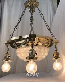 Antique Vtg Chandelier Victorian Art Deco Hanging 5 Light Ornate Brass & Glass