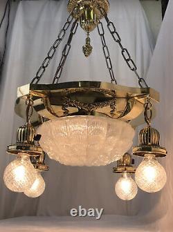 Antique Vtg Chandelier Victorian Art Deco Hanging 5 Light Ornate Brass & Glass