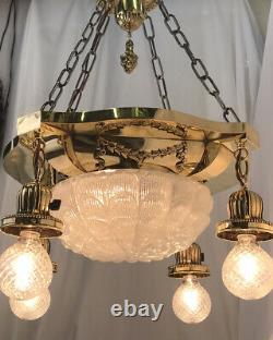 Antique Vtg Chandelier Victorian Art Deco Hanging 5 Light Ornate Brass & Glass