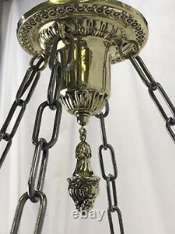 Antique Vtg Chandelier Victorian Art Deco Hanging 5 Light Ornate Brass & Glass