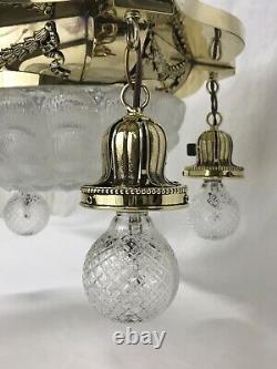 Antique Vtg Chandelier Victorian Art Deco Hanging 5 Light Ornate Brass & Glass