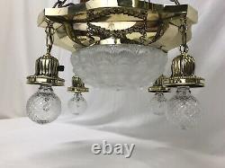 Antique Vtg Chandelier Victorian Art Deco Hanging 5 Light Ornate Brass & Glass