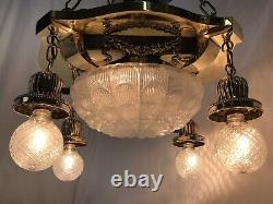 Antique Vtg Chandelier Victorian Art Deco Hanging 5 Light Ornate Brass & Glass