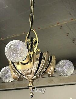 Antique Vtg Chandelier Victorian Arts & Crafts Deco Hanging Light 20s Gold Black