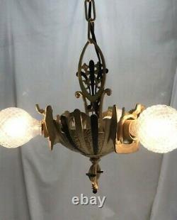 Antique Vtg Chandelier Victorian Arts & Crafts Deco Hanging Light 20s Gold Black