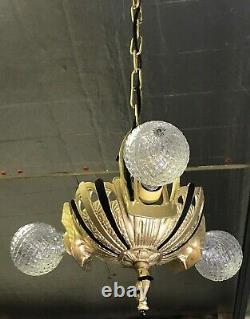 Antique Vtg Chandelier Victorian Arts & Crafts Deco Hanging Light 20s Gold Black