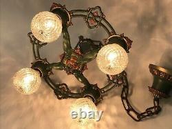 Antique Vtg Chandelier Victorian Arts & Crafts Deco Hanging Light 20s Green Gold