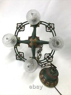 Antique Vtg Chandelier Victorian Arts & Crafts Deco Hanging Light 20s Green Gold