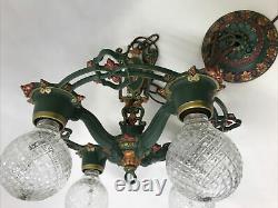 Antique Vtg Chandelier Victorian Arts & Crafts Deco Hanging Light 20s Green Gold