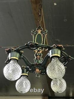 Antique Vtg Chandelier Victorian Arts & Crafts Deco Hanging Light 20s Green Gold