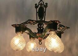 Antique Vtg Chandelier Victorian Arts & Crafts Deco Hanging Light 20s Green Gold