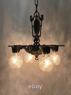 Antique Vtg Chandelier Victorian Arts & Crafts Deco Hanging Light 20s Green Gold