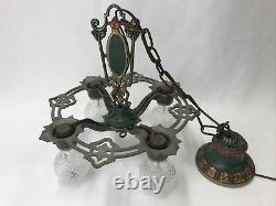 Antique Vtg Chandelier Victorian Arts & Crafts Deco Hanging Light 20s Green Gold