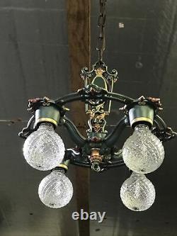 Antique Vtg Chandelier Victorian Arts & Crafts Deco Hanging Light 20s Green Gold