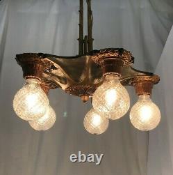 Antique Vtg Chandelier Victorian Arts & Crafts Deco Hanging Light 20s Green Gold