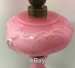 Antique Vtg Gone With The Wind Oil Victorian Lamp Patterned Art Pink Milk Glass