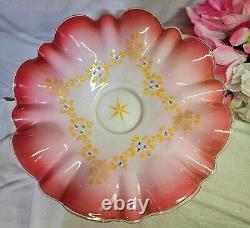 Antique Vtg Pink ruffled brides victorian art glass bowl white cased blue floral