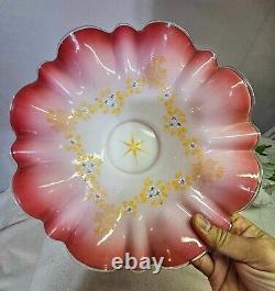 Antique Vtg Pink ruffled brides victorian art glass bowl white cased blue floral