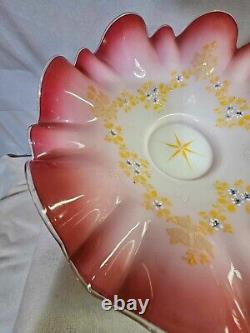 Antique Vtg Pink ruffled brides victorian art glass bowl white cased blue floral