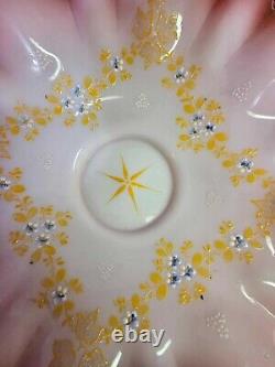 Antique Vtg Pink ruffled brides victorian art glass bowl white cased blue floral