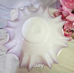 Antique Vtg Pink ruffled brides victorian art glass bowl white cased blue floral