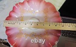 Antique Vtg Pink ruffled brides victorian art glass bowl white cased blue floral