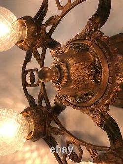 Antique Vtg Semi Flush Mount Chandelier Victorian Arts & Crafts Deco Green Gold