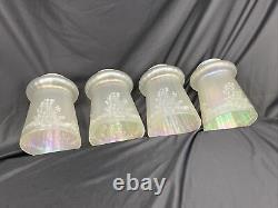 Antique Vtg Set 4 Iridescent Art Glass Lamp Shades Floral Victorian Deco Nouveau