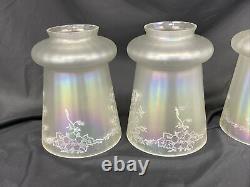 Antique Vtg Set 4 Iridescent Art Glass Lamp Shades Floral Victorian Deco Nouveau