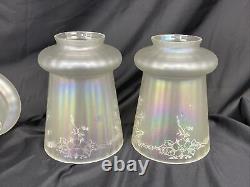 Antique Vtg Set 4 Iridescent Art Glass Lamp Shades Floral Victorian Deco Nouveau