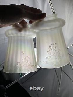 Antique Vtg Set 4 Iridescent Art Glass Lamp Shades Floral Victorian Deco Nouveau