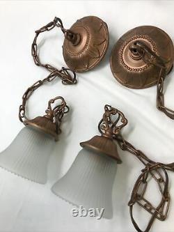 Antique Vtg Style PAIR Victorian Arts Crafts Deco Hanging Pendant Light'Copper