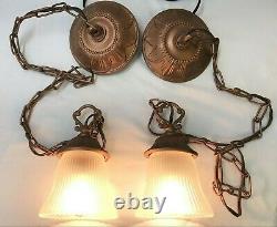 Antique Vtg Style PAIR Victorian Arts Crafts Deco Hanging Pendant Light'Copper