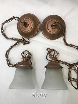 Antique Vtg Style PAIR Victorian Arts Crafts Deco Hanging Pendant Light'Copper