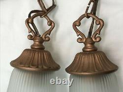 Antique Vtg Style PAIR Victorian Arts Crafts Deco Hanging Pendant Light'Copper