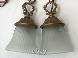 Antique Vtg Style PAIR Victorian Arts Crafts Deco Hanging Pendant Light'Copper