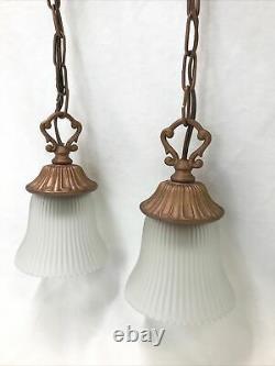 Antique Vtg Style PAIR Victorian Arts Crafts Deco Hanging Pendant Light'Copper