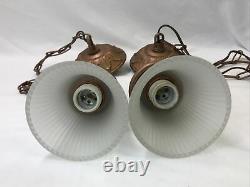 Antique Vtg Style PAIR Victorian Arts Crafts Deco Hanging Pendant Light'Copper