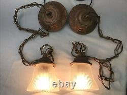 Antique Vtg Style PAIR Victorian Arts Crafts Deco Hanging Pendant Light'Copper