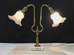 Antique Vtg Victorian Art Deco Brass Student Desk Table Lamp, Glass Tulip Shades