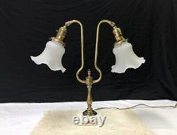 Antique Vtg Victorian Art Deco Brass Student Desk Table Lamp, Glass Tulip Shades
