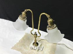 Antique Vtg Victorian Art Deco Brass Student Desk Table Lamp, Glass Tulip Shades