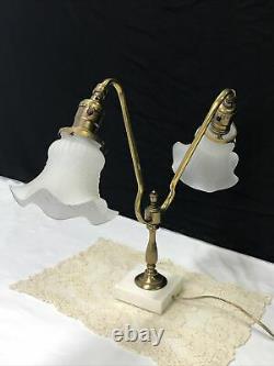 Antique Vtg Victorian Art Deco Brass Student Desk Table Lamp, Glass Tulip Shades