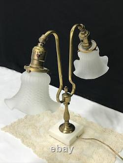 Antique Vtg Victorian Art Deco Brass Student Desk Table Lamp, Glass Tulip Shades