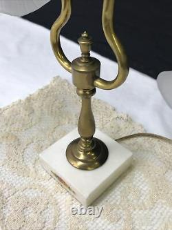 Antique Vtg Victorian Art Deco Brass Student Desk Table Lamp, Glass Tulip Shades